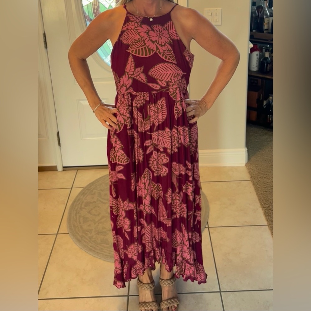 Tropical rose/pink rayon maxi sundress perfect for island getaway.